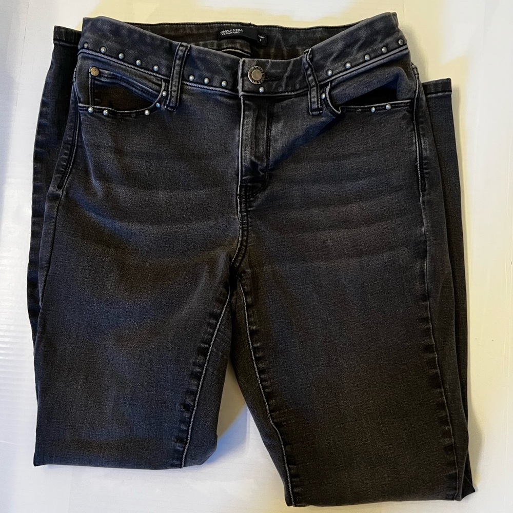 Simply Vera Wang Skinny Jeans Womens Sz 8 Black Studded Mid Rise Stretch 30x29